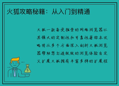 火狐攻略秘籍:从入门到精通