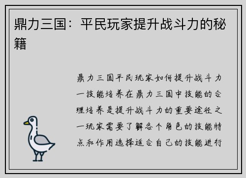 鼎力三国：平民玩家提升战斗力的秘籍